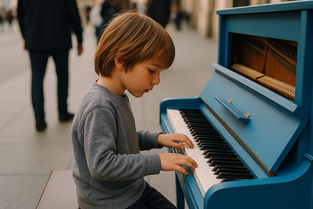 child playing blue piano